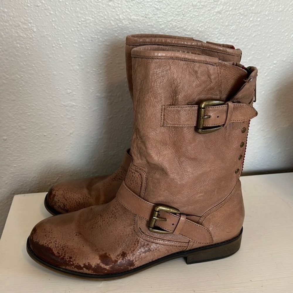 Steve Madden Temmpt Distressed Moto Leather Brown Boots Women's Size 10